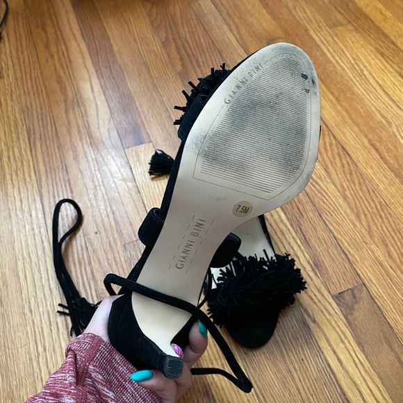 Gianni Bini Black Suede Fringe Open Toe Heels - Picture 3 of 4